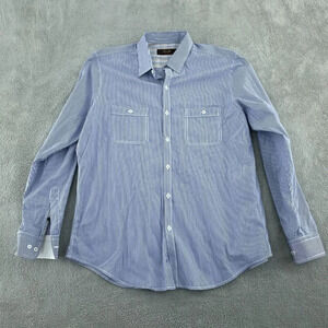 Tasso Elba Fitted Mens Blue Striped Long Sleeve Cotton Shirt Size L 1594